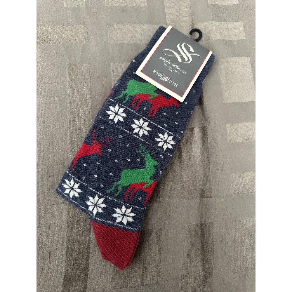 Socksmith Socks Mens One Size Blue Christmas Reindeer Snowflake‎ Cotton Crew